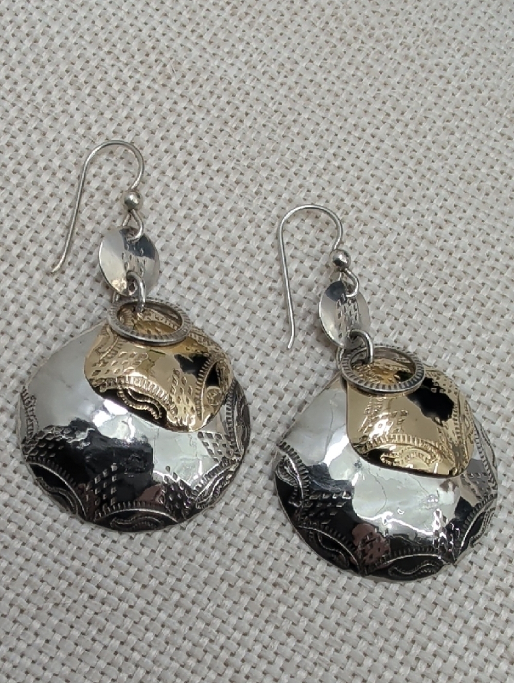 Vintage Sterling 925 Two Tone Hammered Dome Statement Drop Earrings Artisan Boho